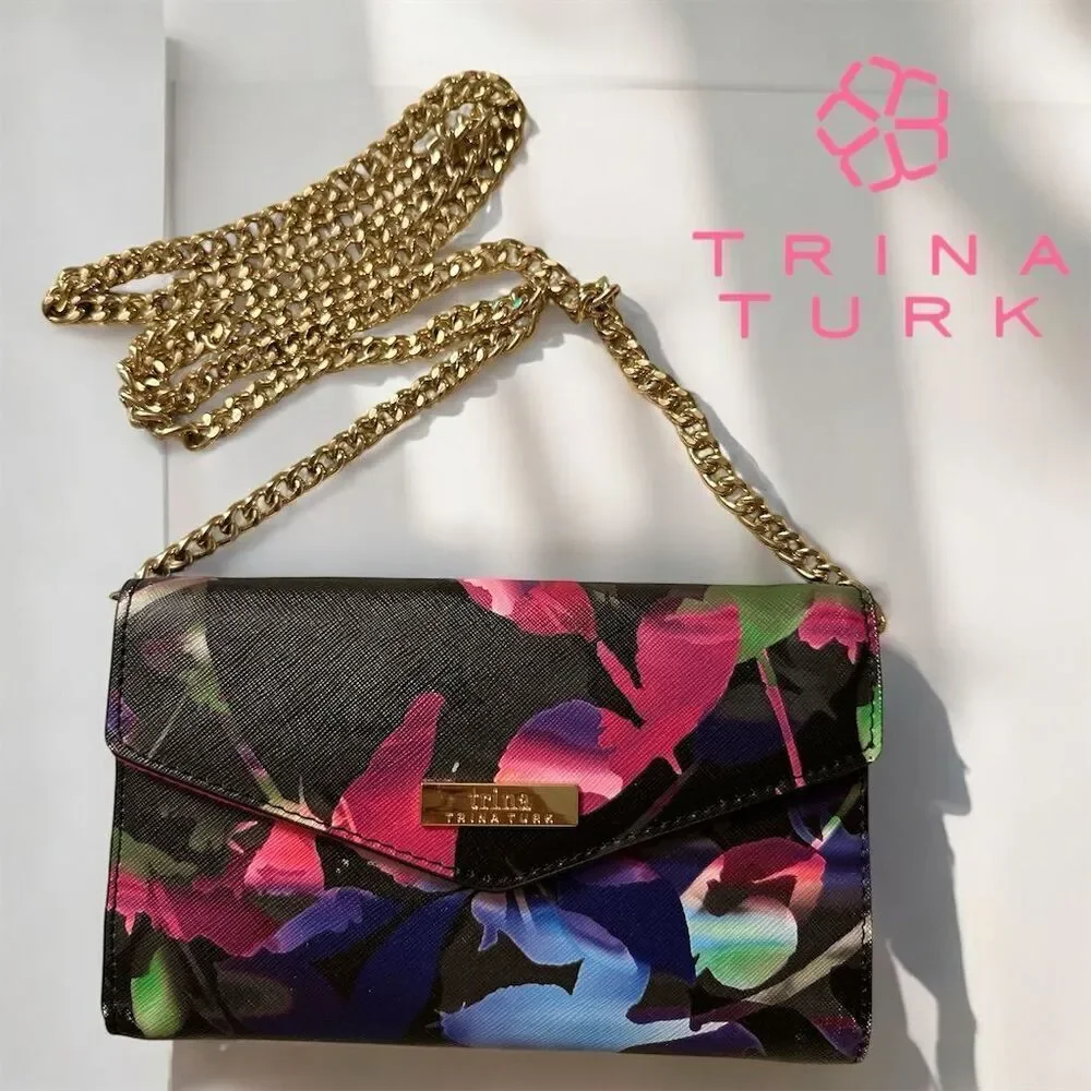 Trina Turk Tropical Floral Crossbody Smartphone Wallet w/ Gold Chain